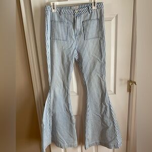 Blue and white stripe bell bottom pants.